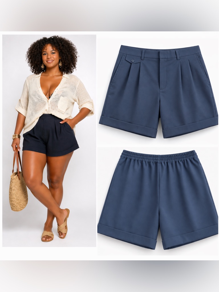 High Waist Pleated Trouser Shorts Navy Tailored Cuffed Hem Women’s Sz L